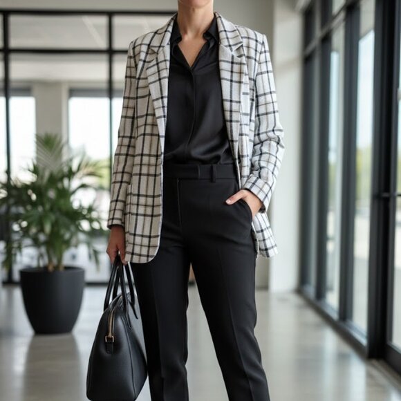 Black & White Windowpane Plaid Blazer - Size Large - Picture 5 of 5